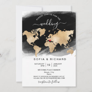 Convite de Casamento Destino Ouro Mapa Mundial Cor