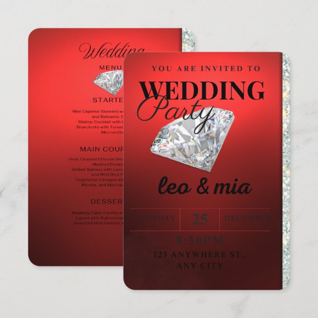 Convite de Casamento Diamante Vermelho Moderno par (Frente/Verso)