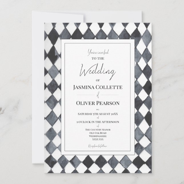 Convite de Casamento Diamantes Preto e Branco (Frente)