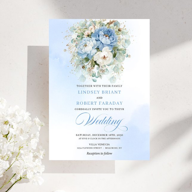 Convite de Casamento Digital Floral Azul Poeira Ch (Chic Dusty Blue Floral Digital Wedding Invite)