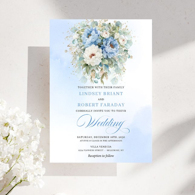 Convite de Casamento Digital Floral Azul Poeirento (Elegant Dusty Blue Floral Digital Wedding Invitation)