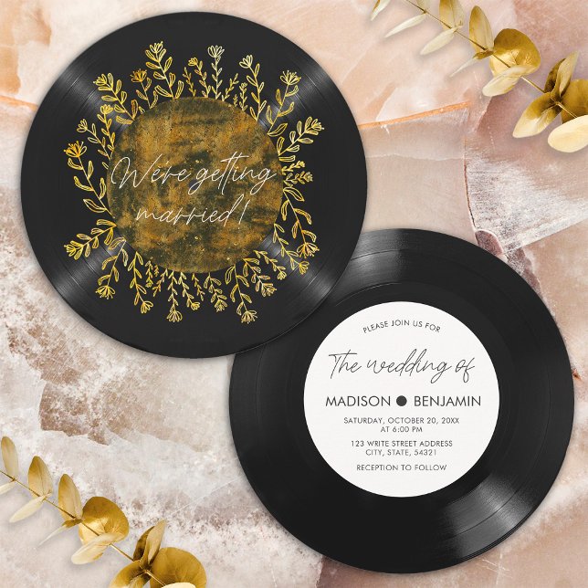 Convite de Casamento Disco de Vinil Flores Selvage (Front/Back)