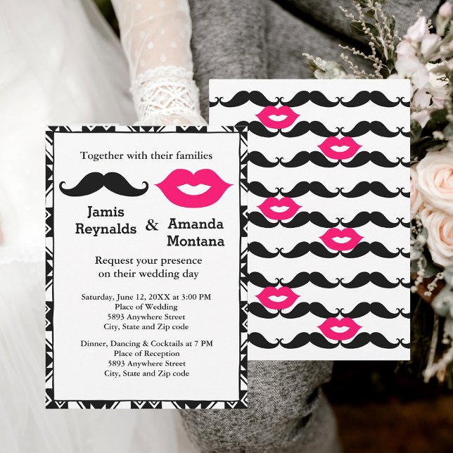 Convite de casamento do bigode preto e Lábios rosa (Black Mustache and Pink Lips Couple Wedding Invite)