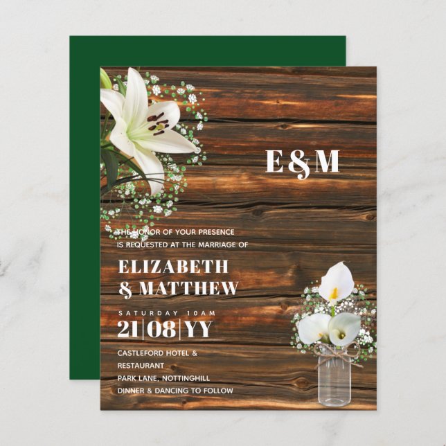 CONVITE DE CASAMENTO do BUDGET Calla Lily Chic Sha (Frente/Verso)