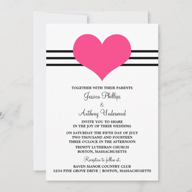 Convite de casamento do coração, rosa (Frente)