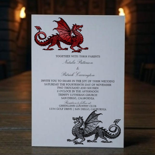 Convite de casamento do Dragão Medieval do Red Sil (Red Silver Medieval Dragon Wedding Invite)