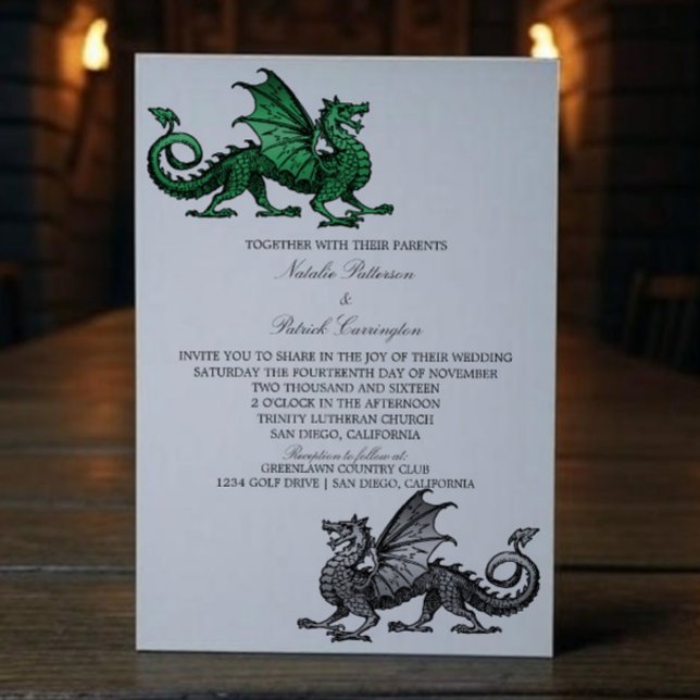 Convite de casamento do Dragão Medieval Silver Ver (Green Silver Medieval Dragon Wedding Invite)