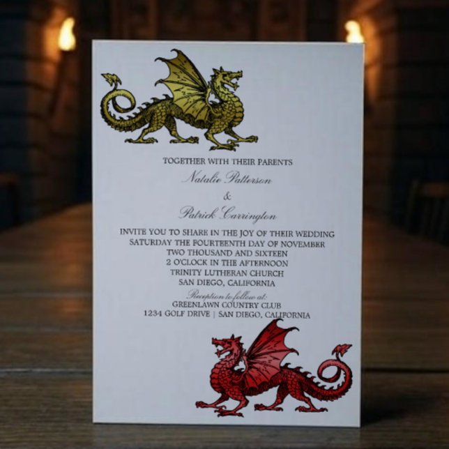 Convite de casamento do Dragão Vermelho Medieval D (Gold Red Medieval Dragon Wedding Invite)