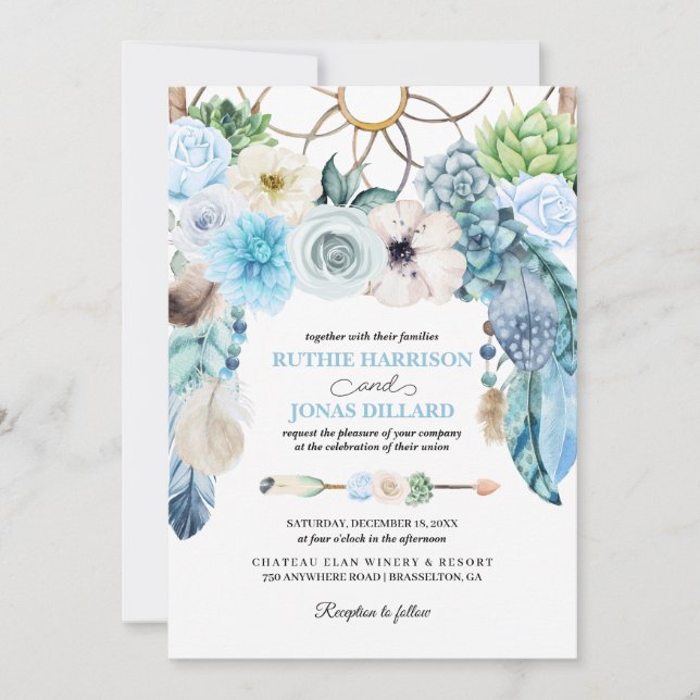 Convite de Casamento do Dreamcatcher Blue Boho (Frente)