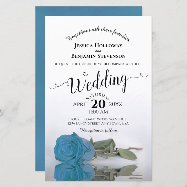 Convite de casamento do Elegant Sky Blue Rosa BUDG (Frente/Verso)