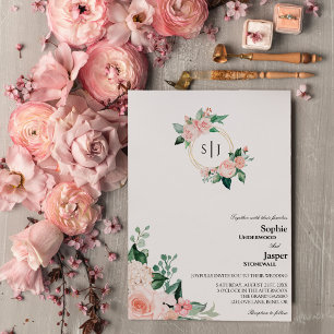 Convite De Casamento Do Monograma Branco Blush Flo