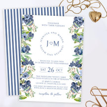 Convite de casamento do monograma floral azul
