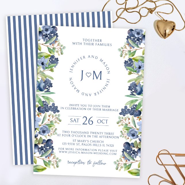 Convite de casamento do monograma floral azul (Criador carregado)