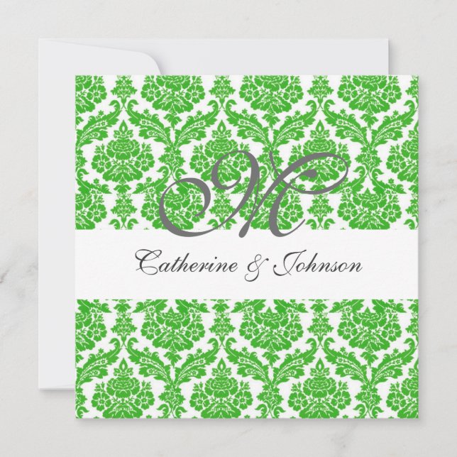 convite de casamento do monograma verde damask (Frente)