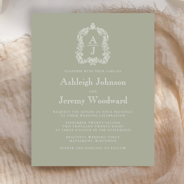 Convite de casamento do Monograma Verde Sage (Criador carregado)