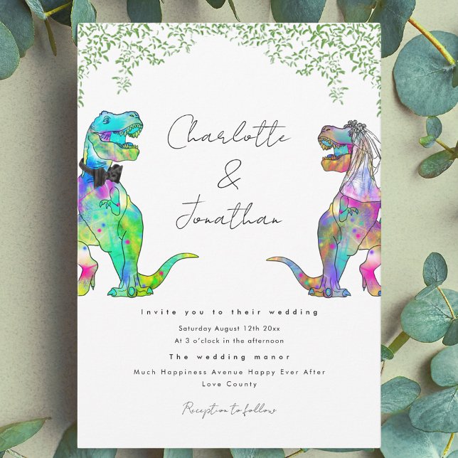 Convite De Casamento Do Tema Dinossauro Jurássico (Colorful dinosaur theme wedding invitation with fun T-Rex bride and groom and watercolor greenery)