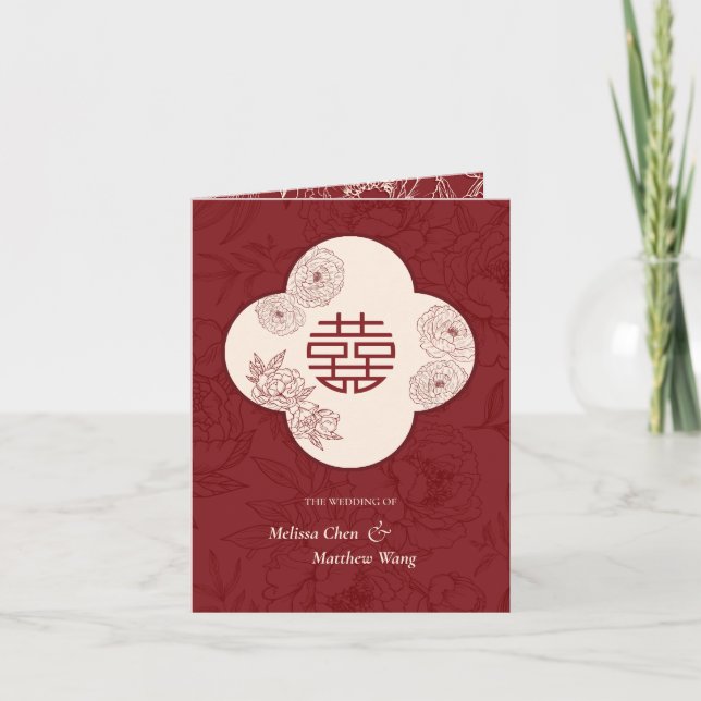 Convite de Casamento Doblado Floral Chinês Inglês (Frente)