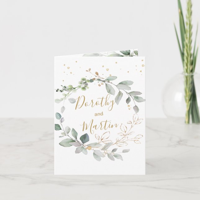 Convite de casamento dobrado com folhagem verde e  (Frente)