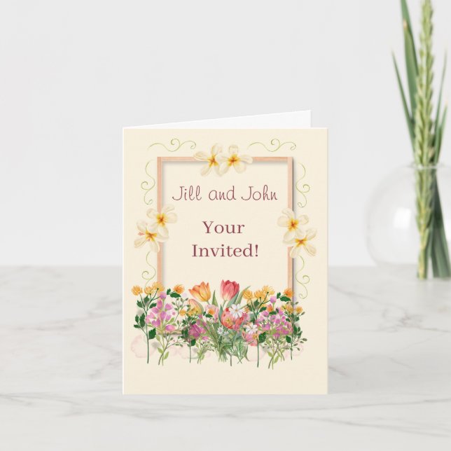 Convite de Casamento Dobrável com Borda Floral de  (Frente)