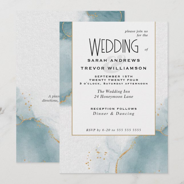 Convite de Casamento Dourado Azul Poeira para Casa (Frente/Verso)