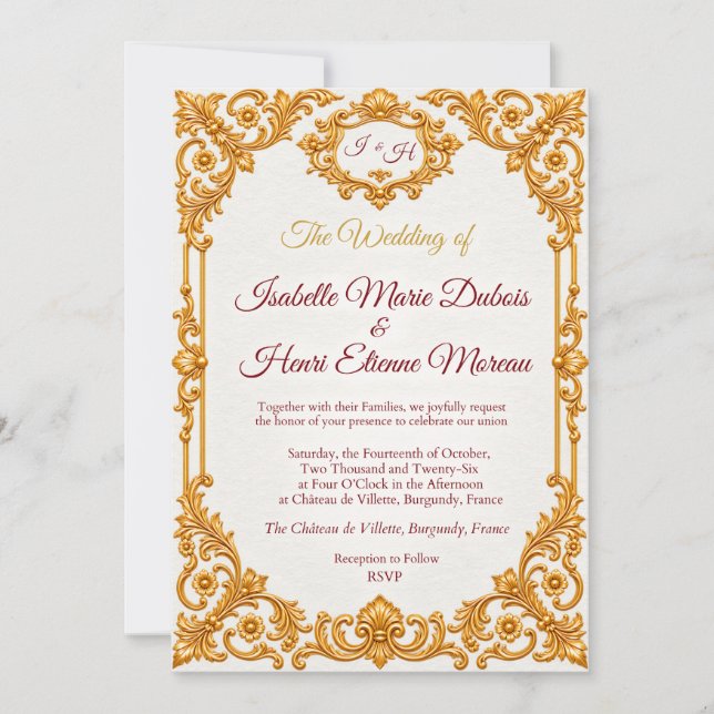 Convite de Casamento Dourado Barroco de Luxo (Frente)
