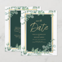 Convite de casamento Dourado Botânico Verde Emeral