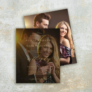 Convite de casamento dourado com sobreposição de f