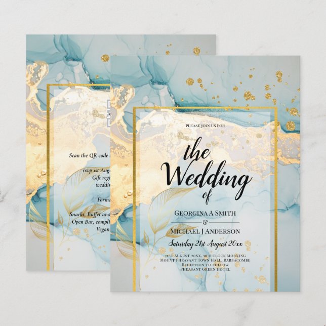 Convite de Casamento Dourado com Vidro de Mar Turq (Frente/Verso)