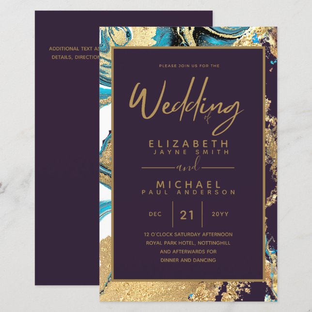 CONVITE DE CASAMENTO Dourado da Turquesa Teal do O (Frente/Verso)