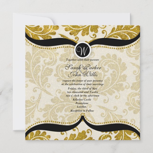 Convite de casamento Dourado Damask Paisley (Frente)