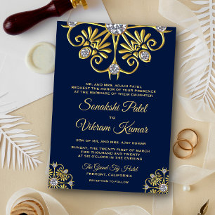 Convite de casamento Dourado de Diamante Azul Mand