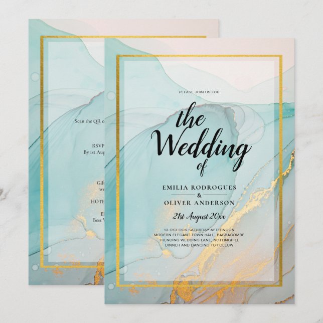 Convite de casamento Dourado de TINTA de Vidro Lea (Frente/Verso)