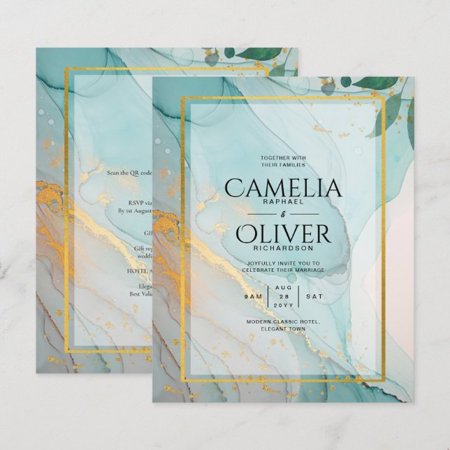 Convite de casamento Dourado de TINTA de Vidro Lea (Frente/Verso)