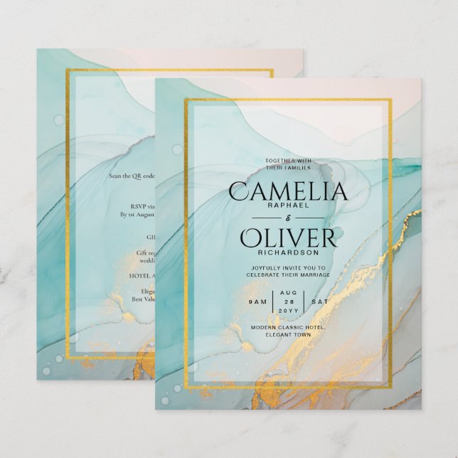 Convite de casamento Dourado de TINTA de Vidro Lea (Frente/Verso)