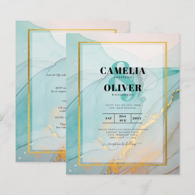 Convite de casamento Dourado de TINTA de Vidro Lea (Frente/Verso)