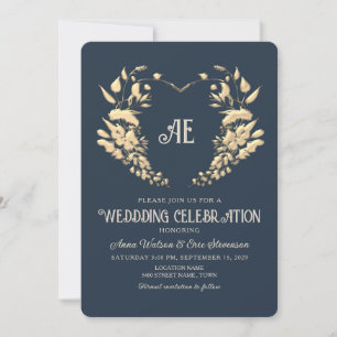 Convite de Casamento Dourado e Azul Marinho Barroc