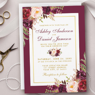 Convite de casamento Dourado Floral de Borgonha