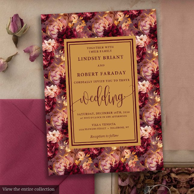 Convite de casamento Dourado Floral Elegante Luxur (Elegant Luxury Burgundy Gold Floral Wedding Invitation)