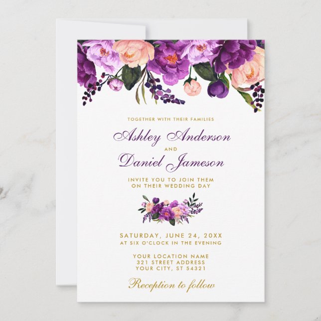 Convite de casamento Dourado Floral Puro Ultra Vio (Frente)