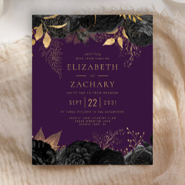 Convite de casamento Dourado Floral Roxo Preto