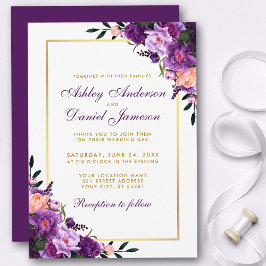 Convite de casamento Dourado Floral Ultra Violeta 