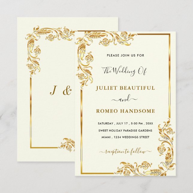 Convite de Casamento Dourado Folhas Douradas Emold (Frente/Verso)