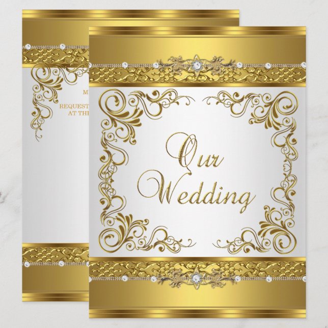 Convite de Casamento Dourado Metálico Branco Diama (Frente/Verso)