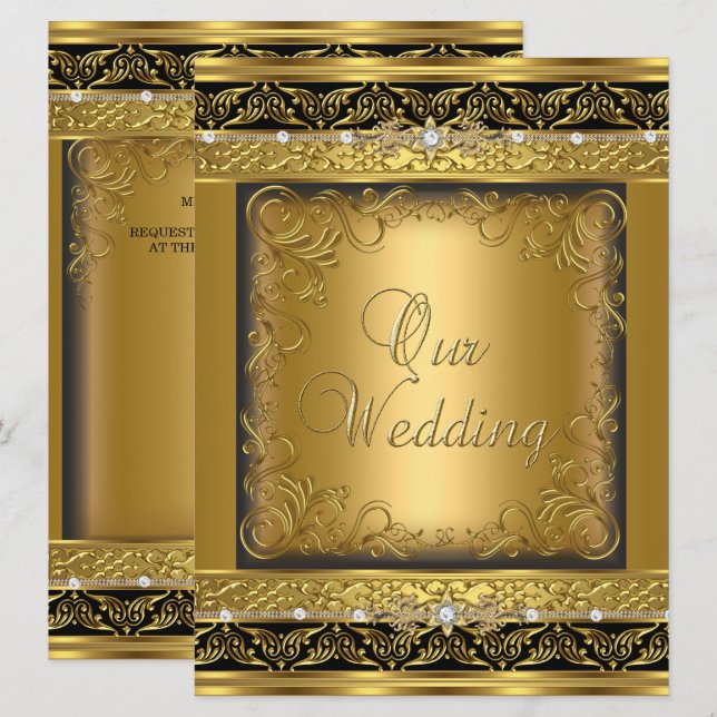 Convite de Casamento Dourado Metálico Diamante Pre (Frente/Verso)