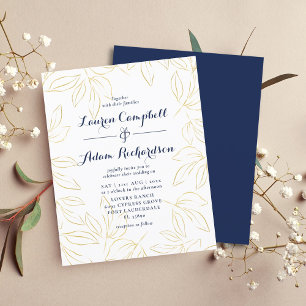 Convite de Casamento Dourado & Naval Foliagem Orça