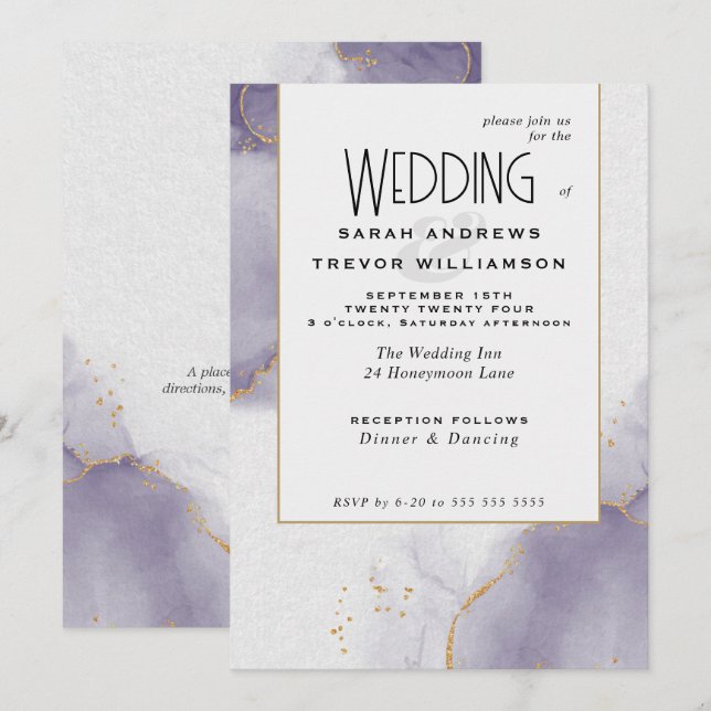 Convite de Casamento Dourado Pó de Noiva Roxo Orça (Frente/Verso)