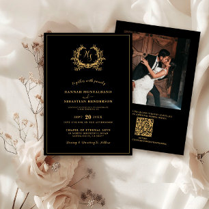 Convite de Casamento Dourado Preto Crista QR Monog