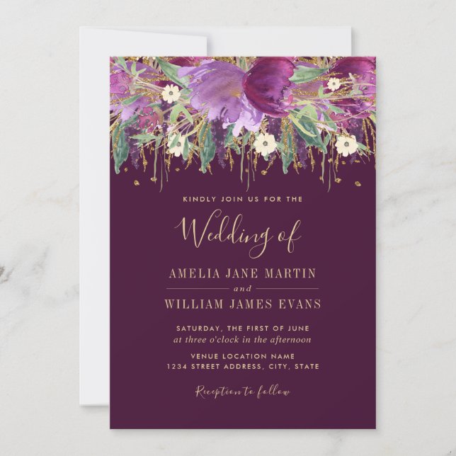 Convite de Casamento Dourado Roxo Amethyst Brilhan (Frente)