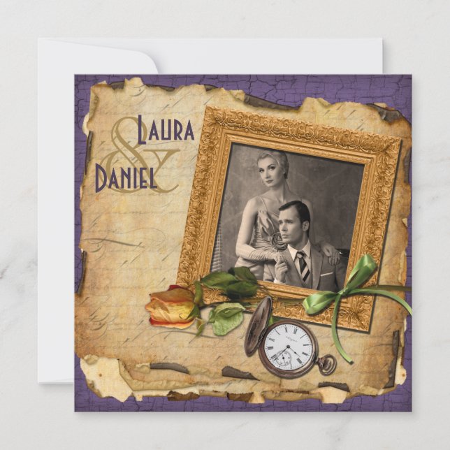 Convite de casamento Dourado roxo da foto do (Frente)