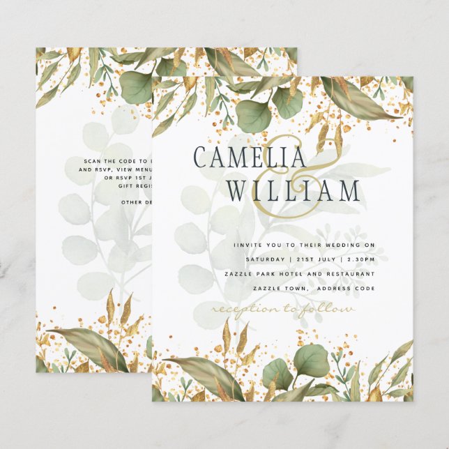 Convite de casamento Dourado Verde Botânico LeahG (Frente/Verso)